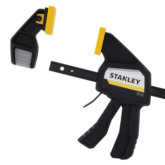 STANLEY FMHT83274-0 quick-change bar clamp, black and yellow, side angle on white background.