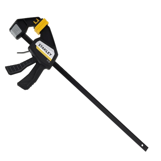 STANLEY FMHT83275-0 trigger clamp, black and yellow, side angle on white background.