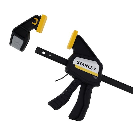STANLEY FMHT83276-0 photography of trigger clamp with removable jaw, front angle, black and yellow.