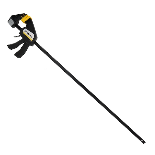 Photo of STANLEY FMHT83277-0 long bar clamp with black and yellow handle, side angle, white background.