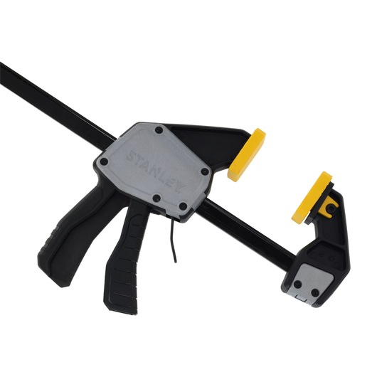 STANLEY FMHT83277-0 photography of bar clamp with black handle and yellow pads, front angle.