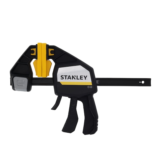 STANLEY FMHT83278-0 bar clamp with black and yellow handle, left side view on white background.