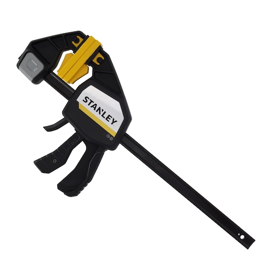 STANLEY FMHT83279-0 black and yellow trigger clamp, side angle, on white background.