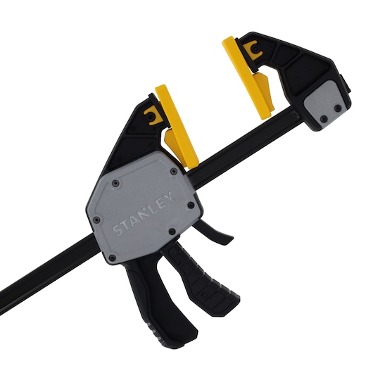 STANLEY FMHT83280-0 photography of bar clamp in black, gray, and yellow, side angle on white background.