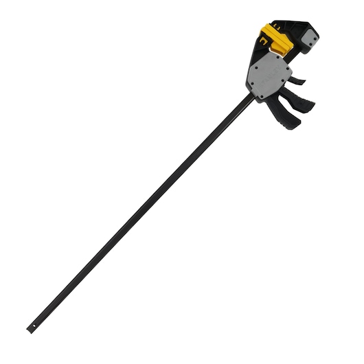 STANLEY FMHT83282-0 quick-adjust bar clamp with black and yellow handle, side angle on white background.