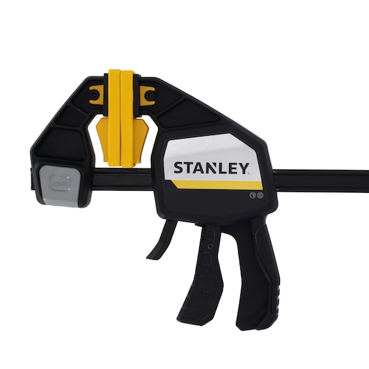 STANLEY FMHT83282-0 photography of trigger clamp, black and yellow, front angle, white background.