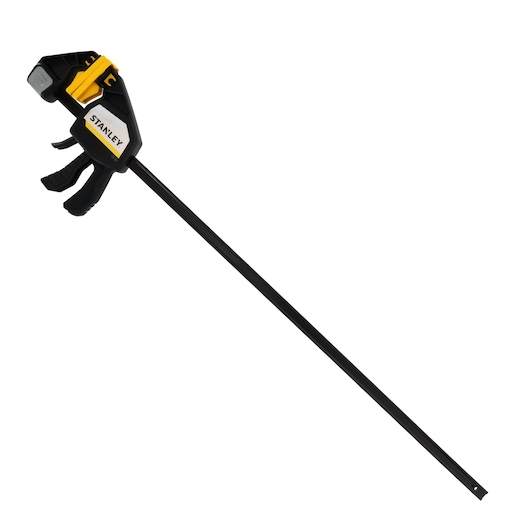 STANLEY FMHT83283-0 bar clamp, black and yellow, side angle on white background.