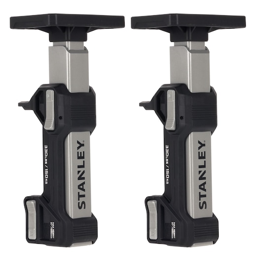 STANLEY FMHT83556 pair of adjustable support rods, black and silver, product side view on white background.