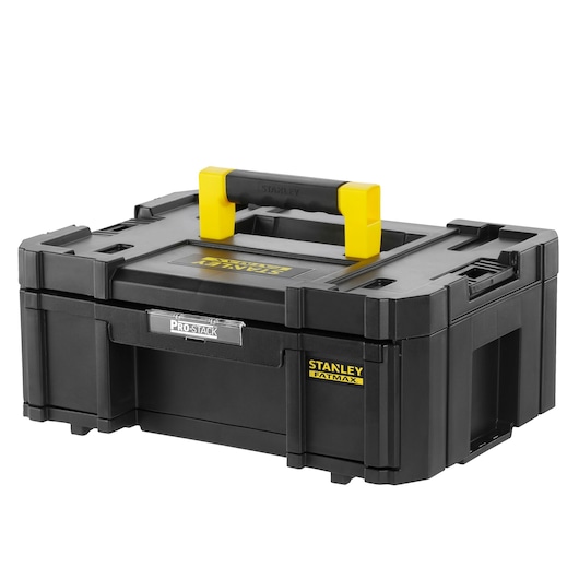 STANLEY FMST1-71968 tool box, black with yellow handle, PRO-STACK, angled view, photo on white background.