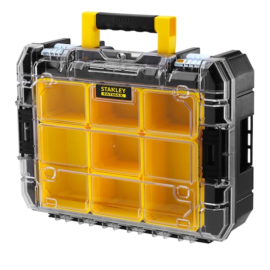 STANLEY FMST1-71970 tool organizer with clear lid, yellow compartments, and black carrying handle, front angle.