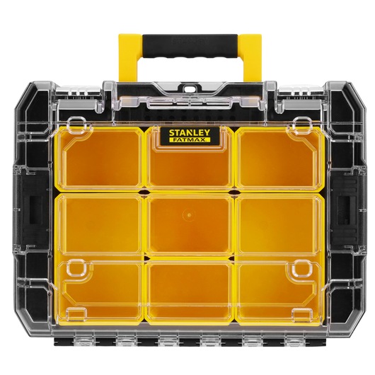 STANLEY FMST1-71970 small parts organizer with yellow compartments, clear lid, front angle.