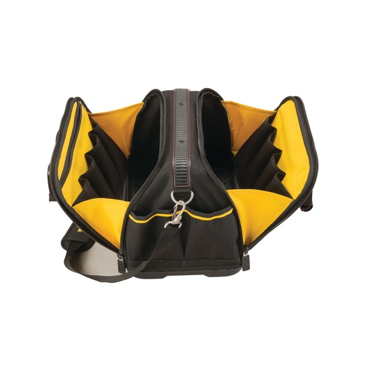 STANLEY FMST1-73607 tool bag with yellow interior, open top view showing multiple pockets.