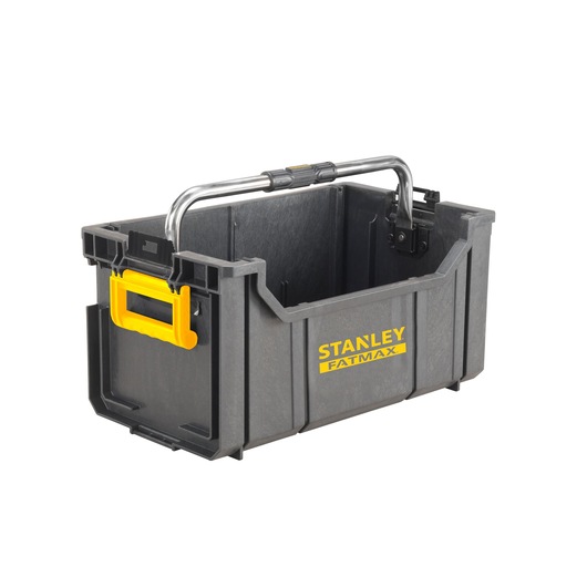 Stanley Fatmax black plastic open tote with yellow handle and metal carrying bar.