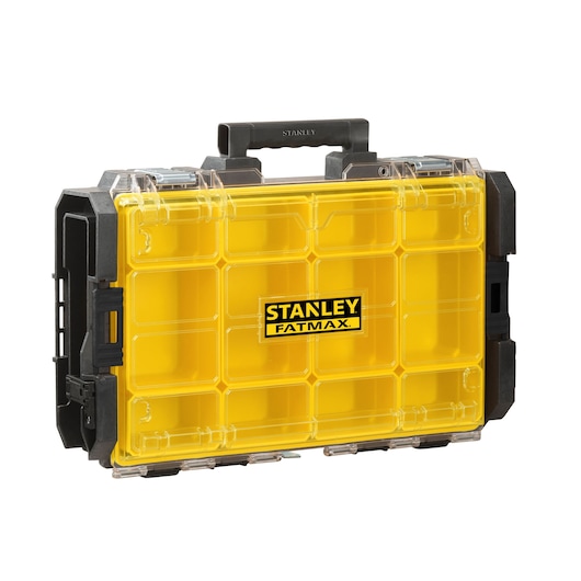 Photo of STANLEY FMST1-75678 yellow and black organizer case with clear lid, front angle.