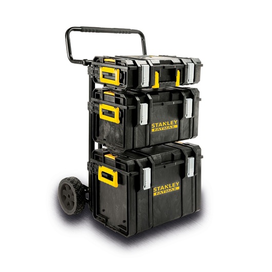 STANLEY FMST1-75681 stackable black toolboxes with yellow handles on wheeled trolley, front angle.