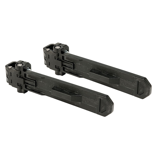 Two black plastic brackets for mounting, shown side by side on a white background.
