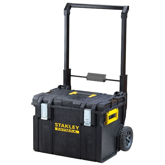 STANLEY FMST1-75798 black rolling toolbox with yellow handle, large wheels, and metal latches, front angle.