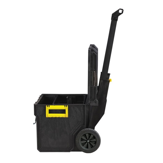 STANLEY FMST1-75798 rolling tool chest with open lid, yellow handle, side view on white background.