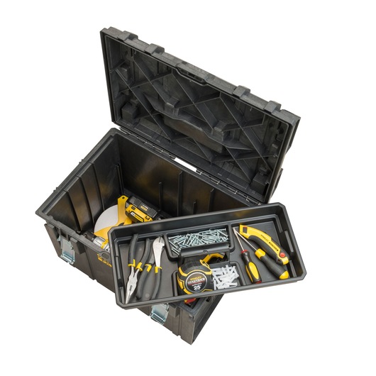 STANLEY FMST1-75798 photography of open black toolbox with tray, hand tools, screws, and measuring tape, top view.