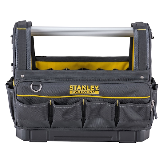 Photo of STANLEY FMST83296-1 tool bag, black with yellow accents, open top, multiple front pockets, frontal angle.