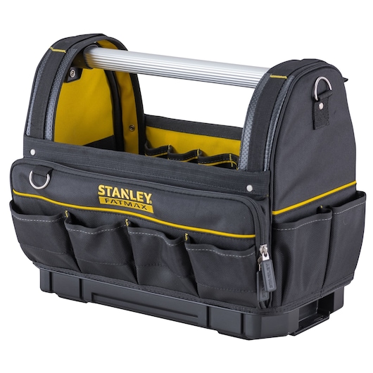 Photo of STANLEY FMST83296-1 tool tote bag, black and yellow, open design with front and side pockets, angled view.