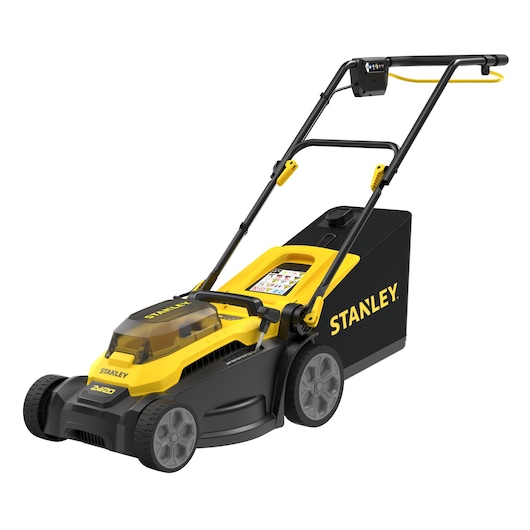 Stanley SCMWP3701N lawn mower side angle, yellow and black body, large rear grass bag, white background.