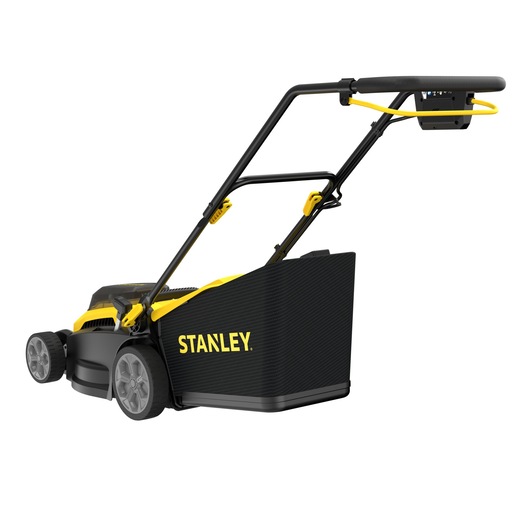 Photo of STANLEY SCMWP3701N lawn mower, black and yellow, rear angle, with large grass collection bag.