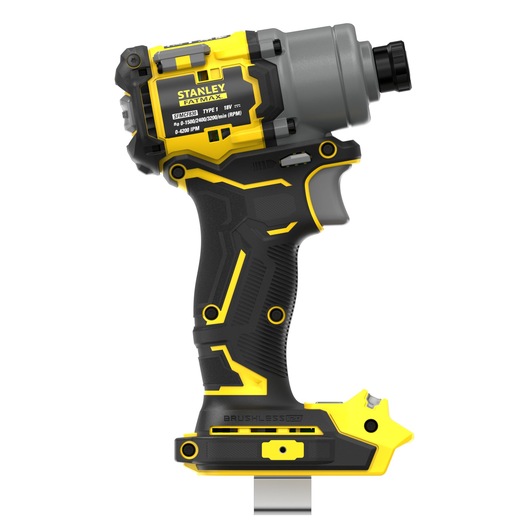 STANLEY SFMCF830B cordless impact driver side view, black and yellow body, brushless design, on white background.