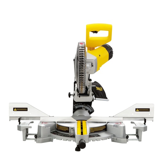 Photo of STANLEY SM1800 miter saw, front angle, yellow and silver, with measurement guides.