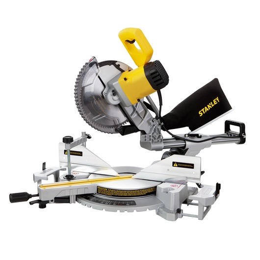 STANLEY SM1800 sliding compound miter saw, yellow and black finish, side view on white background.
