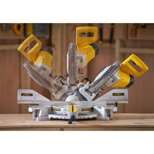 STANLEY SM1800 miter saw, photography of front view showing adjustable cutting angles.