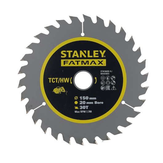 Photo of STANLEY STA10435 circular saw blade, 150mm diameter, 30 teeth, black and silver, front angle.