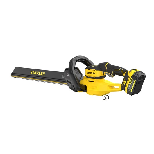 STANLEY STCHT8255M1 cordless hedge trimmer, yellow and black, side angle on white background.