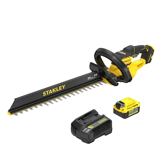 STANLEY STCHT8255M1 hedge trimmer with yellow and black body, battery, and charger shown on white background, side angle.