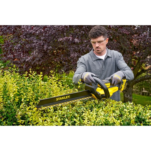 STANLEY STCHT8255M1 hedge trimmer in use outdoors trimming green hedges.