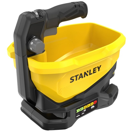 STANLEY STCOE300D1 yellow and black handheld spreader, side angle, with control dial and ergonomic handle.