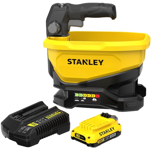 STANLEY STCOE300D1 yellow and black cordless spreader with battery and charger, product on white background, front angle.
