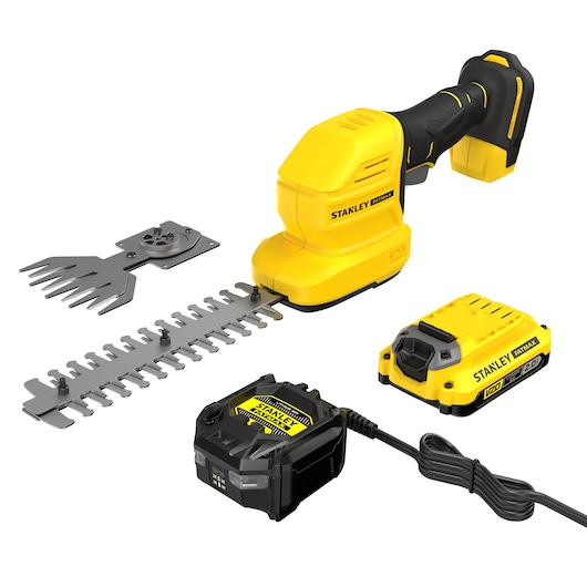 STANLEY STCSS20D1 cordless garden shear kit, yellow-black, side angle, includes battery and charger.