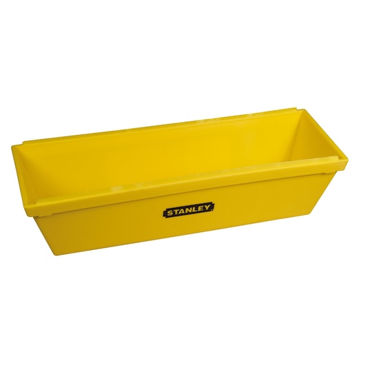Photo of STANLEY STHT0-05866 yellow plastic mud pan, front angle, construction tool accessory.