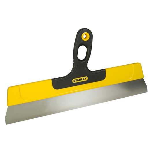 Photo of STANLEY STHT0-05935 drywall taping knife with yellow and black handle, front angle, white background.