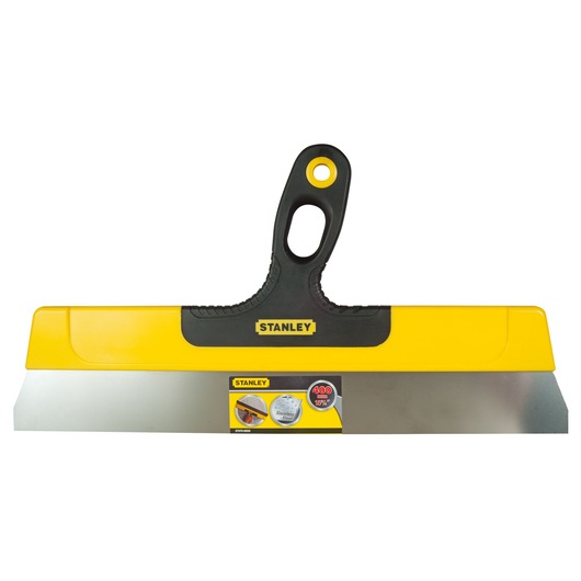 STANLEY STHT0-05935 joint knife with black and yellow handle, wide stainless steel blade, front view, white background.
