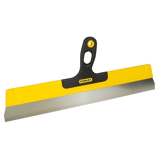 Stanley drywall taping knife with yellow handle and wide stainless steel blade for smooth finishing.