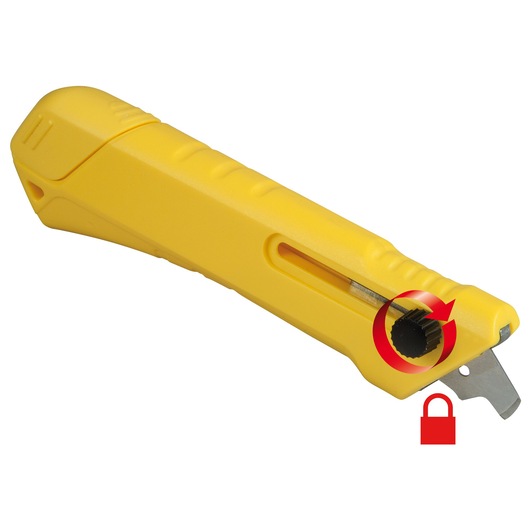 STANLEY STHT0-10192 yellow safety utility knife with lock mechanism, side angle on white background.