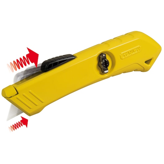 STANLEY STHT0-10193 yellow utility knife, side view, with retractable blade and black slider, on white background.