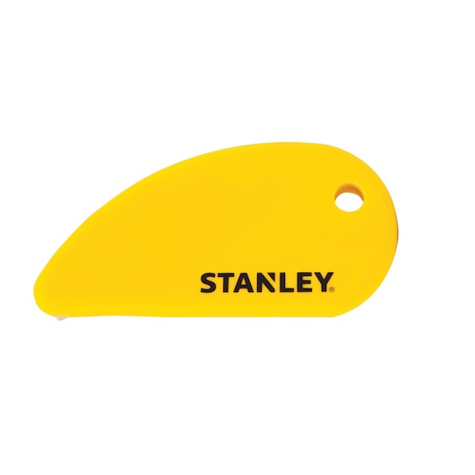 Yellow STANLEY plastic cutter with curved shape, hole for hanging, and logo, photographed on white background.