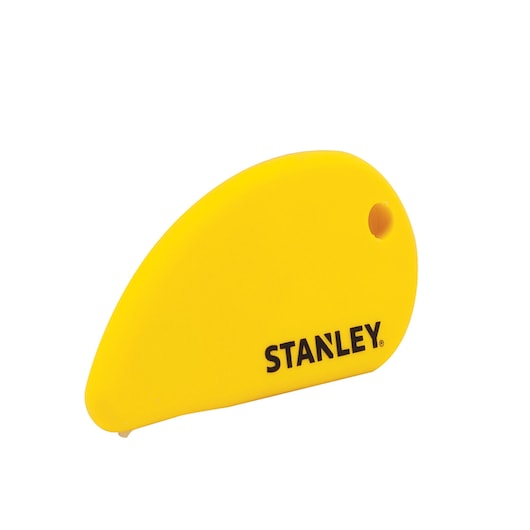 Yellow Stanley plastic cutter with logo, compact design and small hole for hanging or attachment.