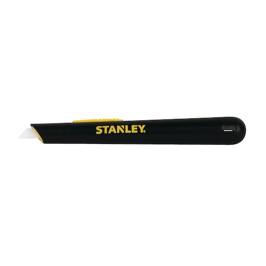 Stanley black utility knife with a yellow slider and ceramic blade, side view, suitable for precision cutting tasks.