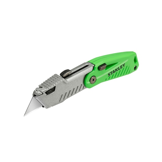 Photo of STANLEY STHT0-10823 folding utility knife with green handle, angled view.