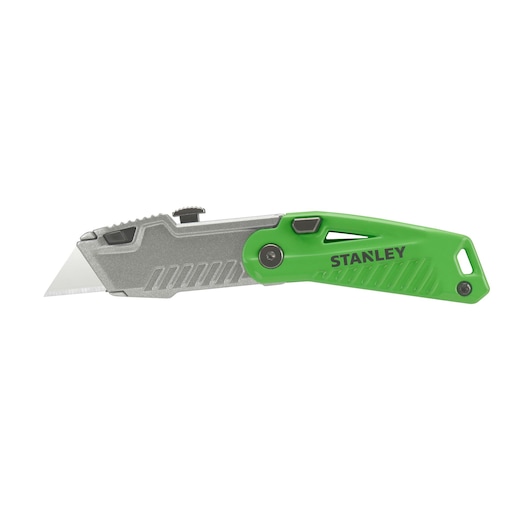 Photo of STANLEY STHT0-10823 folding utility knife with silver blade and green handle, product side view.