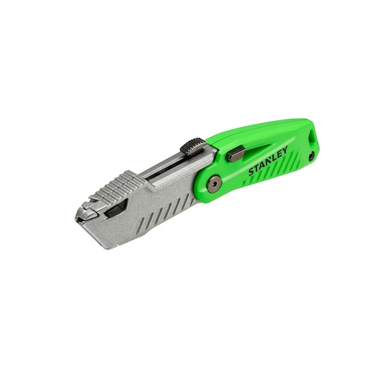 STANLEY STHT0-10823 folding utility knife with green handle, side view on white background.